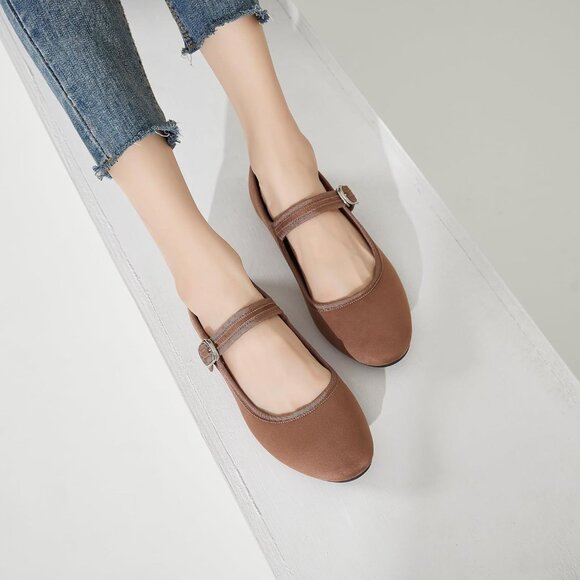 Babudog Womens Brown Faux Suede Rounded Toe Ankle Strap With Buckle Flats - Picture 8 of 9